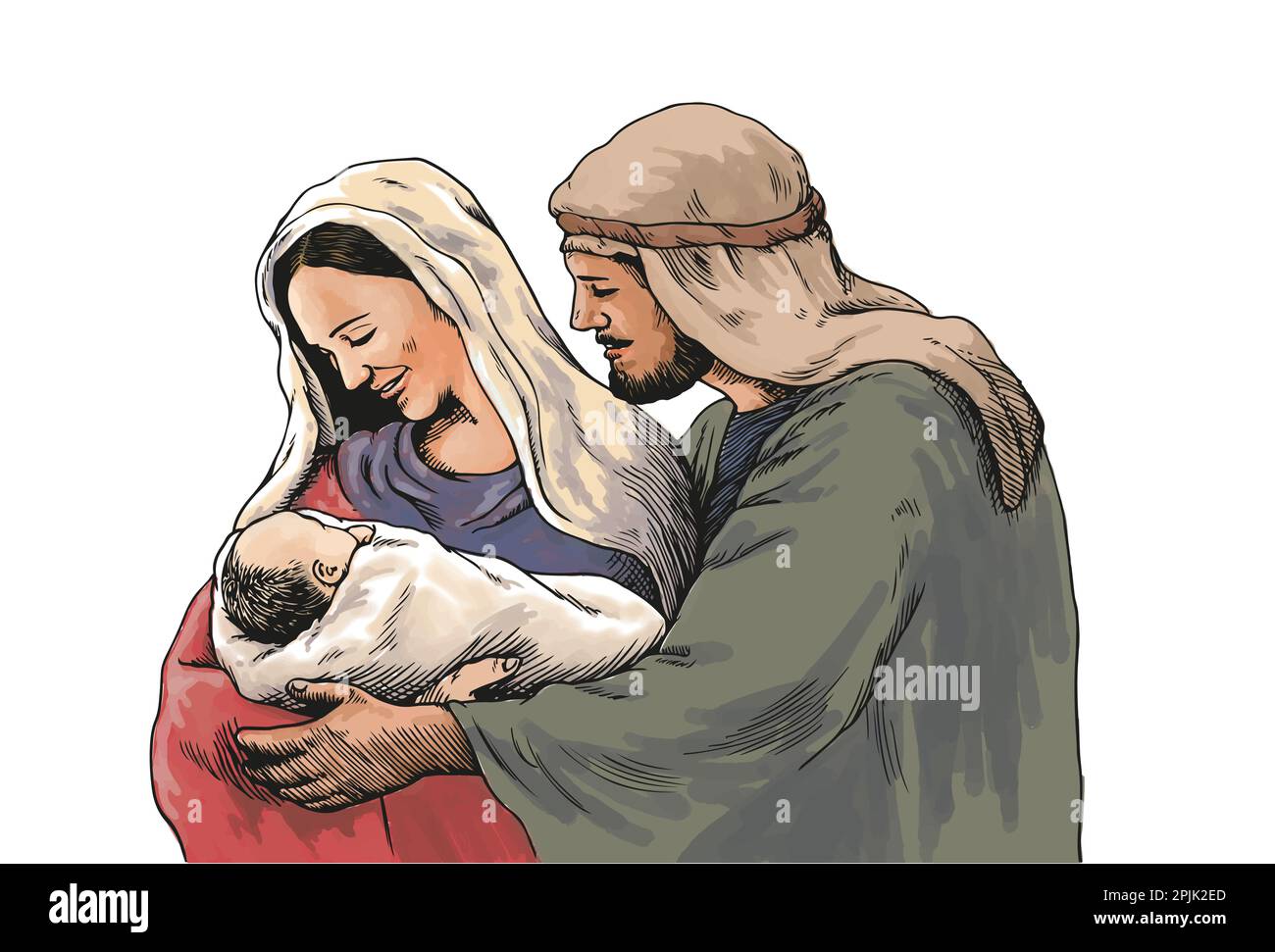 Presepe di Natale di Giuseppe e Maria tenendo bambino Gesù disegno a mano illustrazione con colori Illustrazione Vettoriale