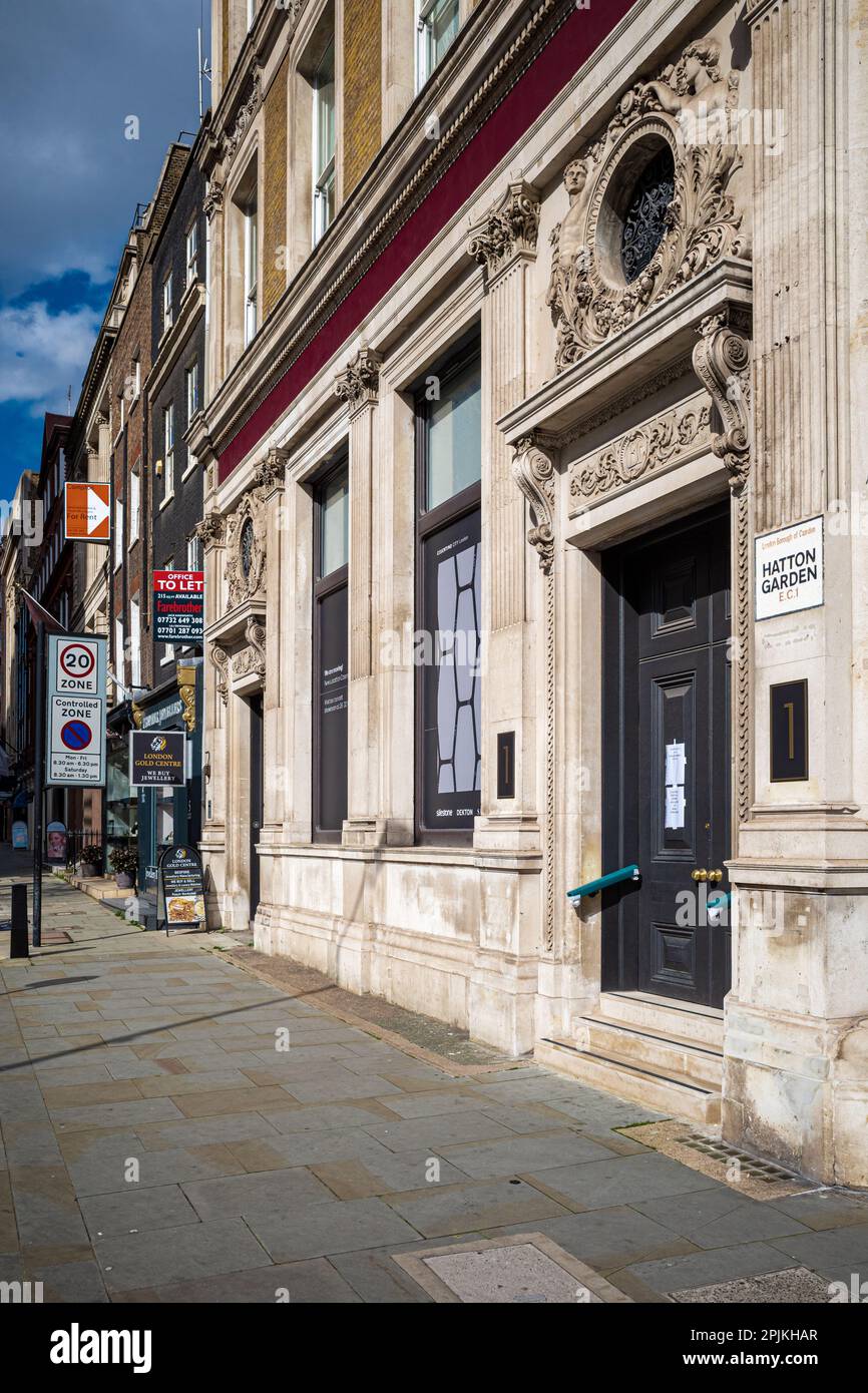 Hatton Garden London - l'Hatton Garden nel centro di Londra è il quartiere dei diamanti e dei gioielli di Londra Foto Stock