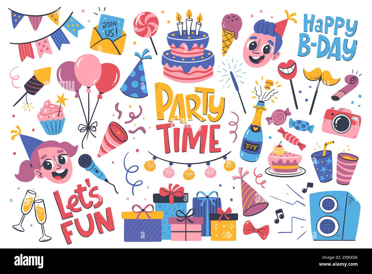 Elementi di design per i bambini per inviti, biglietti d'auguri, sfondi... Buon compleanno set disegnato a mano. Illustrazione vettoriale isolata su bianco. Illustrazione Vettoriale