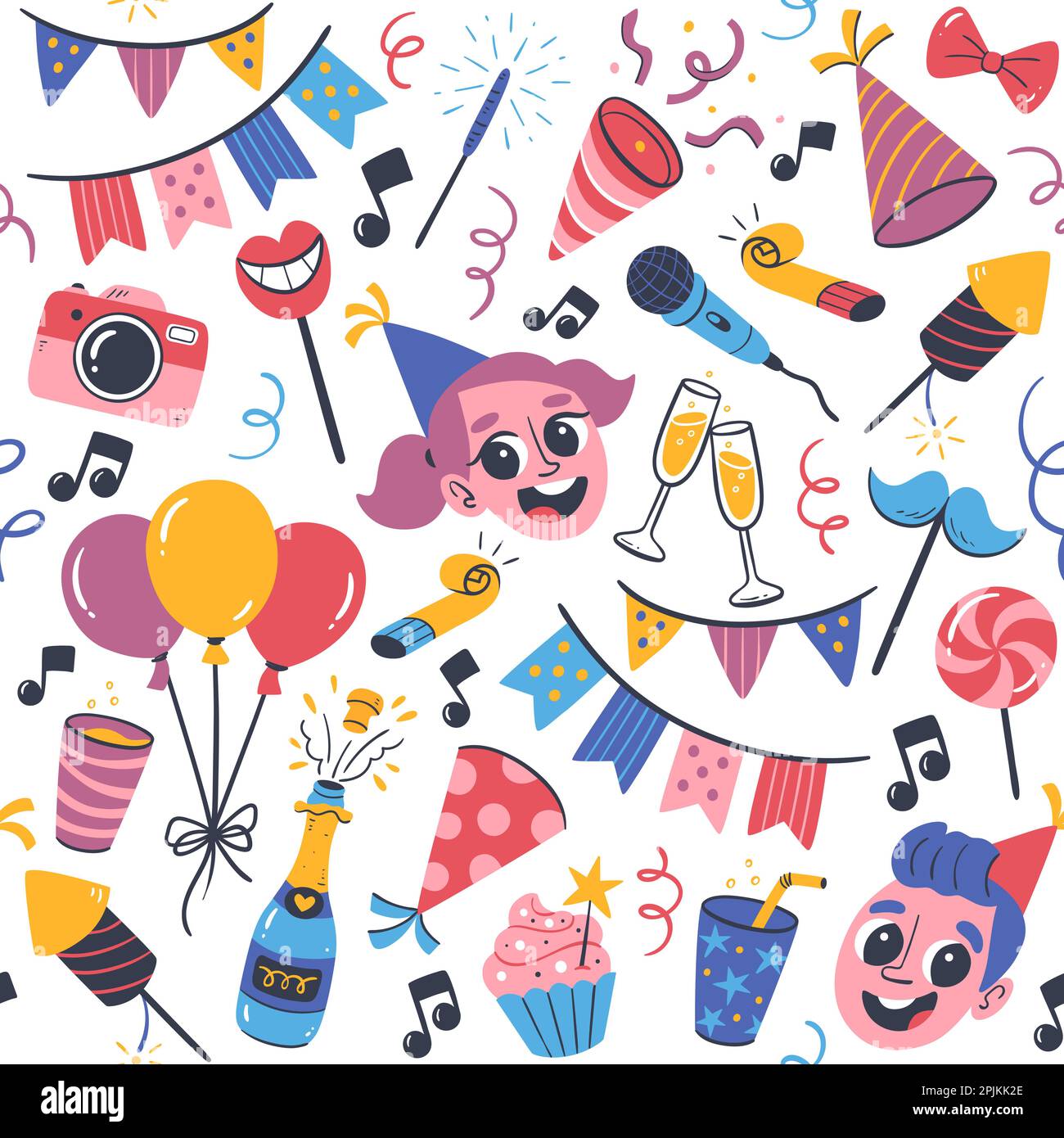 Motivo perfetto per le feste dei bambini. Elementi di design isolati e carini come palloncini, decorazioni per feste, dessert e bevande. Illustrazione Vettoriale