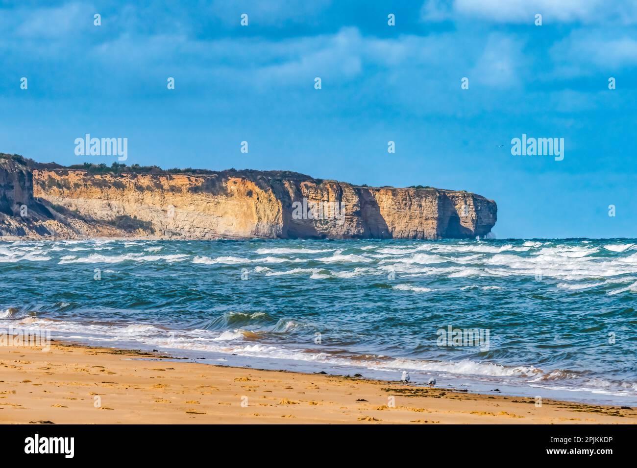 Alte scogliere, Omaha Beach, Normandia, Francia. Foto Stock