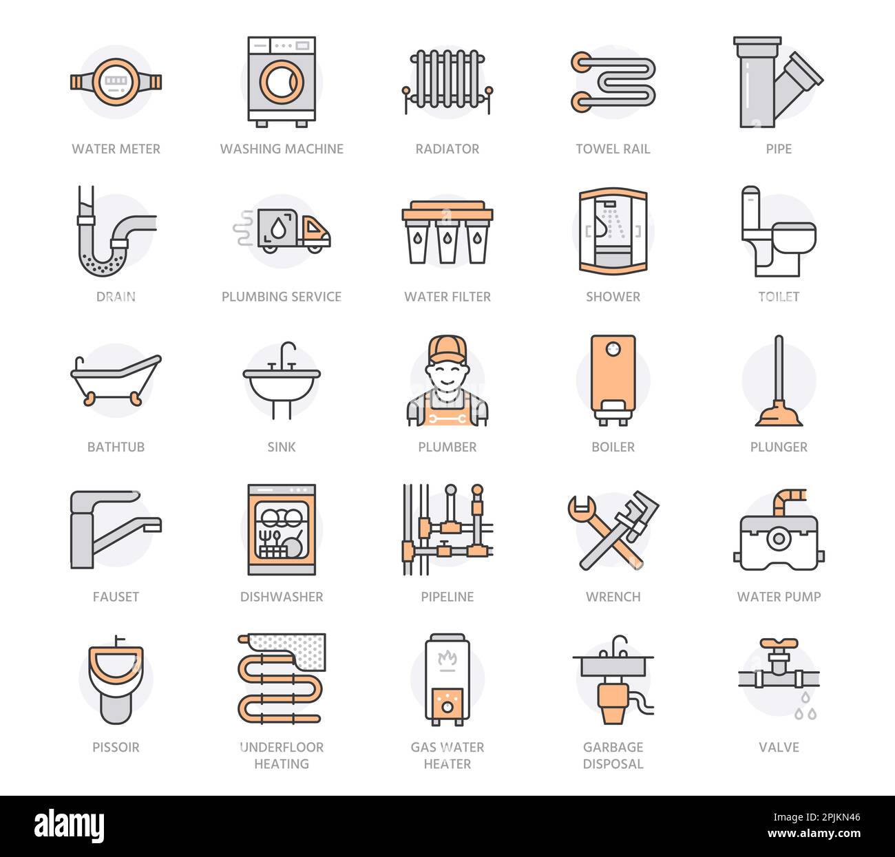 Icone di linee piatte vettoriali per servizi idraulici. Attrezzature per il bagno, rubinetto, wc, riparazione di perdite di tubazioni, lavastoviglie. Illustrazione di un idraulico, lineare sottile Illustrazione Vettoriale