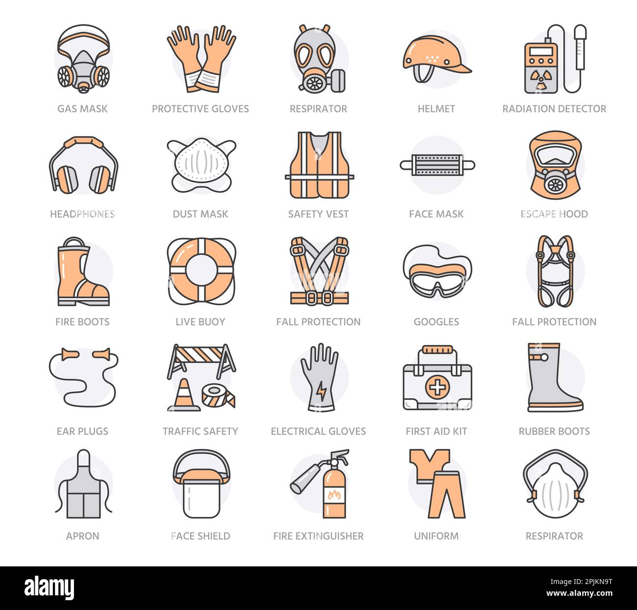 Icone delle linee vettoriali dei dispositivi di protezione individuale. Maschera a gas, casco da lavoro, respiratore, cuffia, tappi per le orecchie e indumenti di lavoro di sicurezza. Protezione della salute Illustrazione Vettoriale