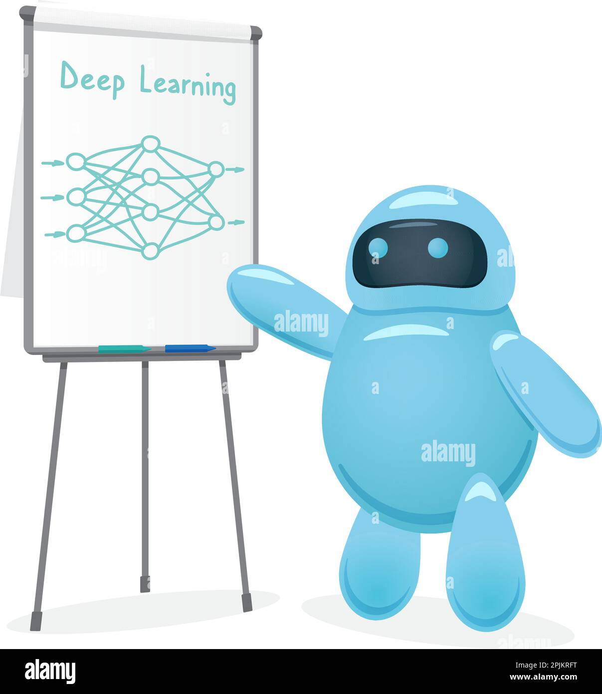 Cartoon carino robot disegno rete neurale e rende un corso di formazione o profondo circa la tecnologia di apprendimento. Intelligenza artificiale o di machine learning p Illustrazione Vettoriale