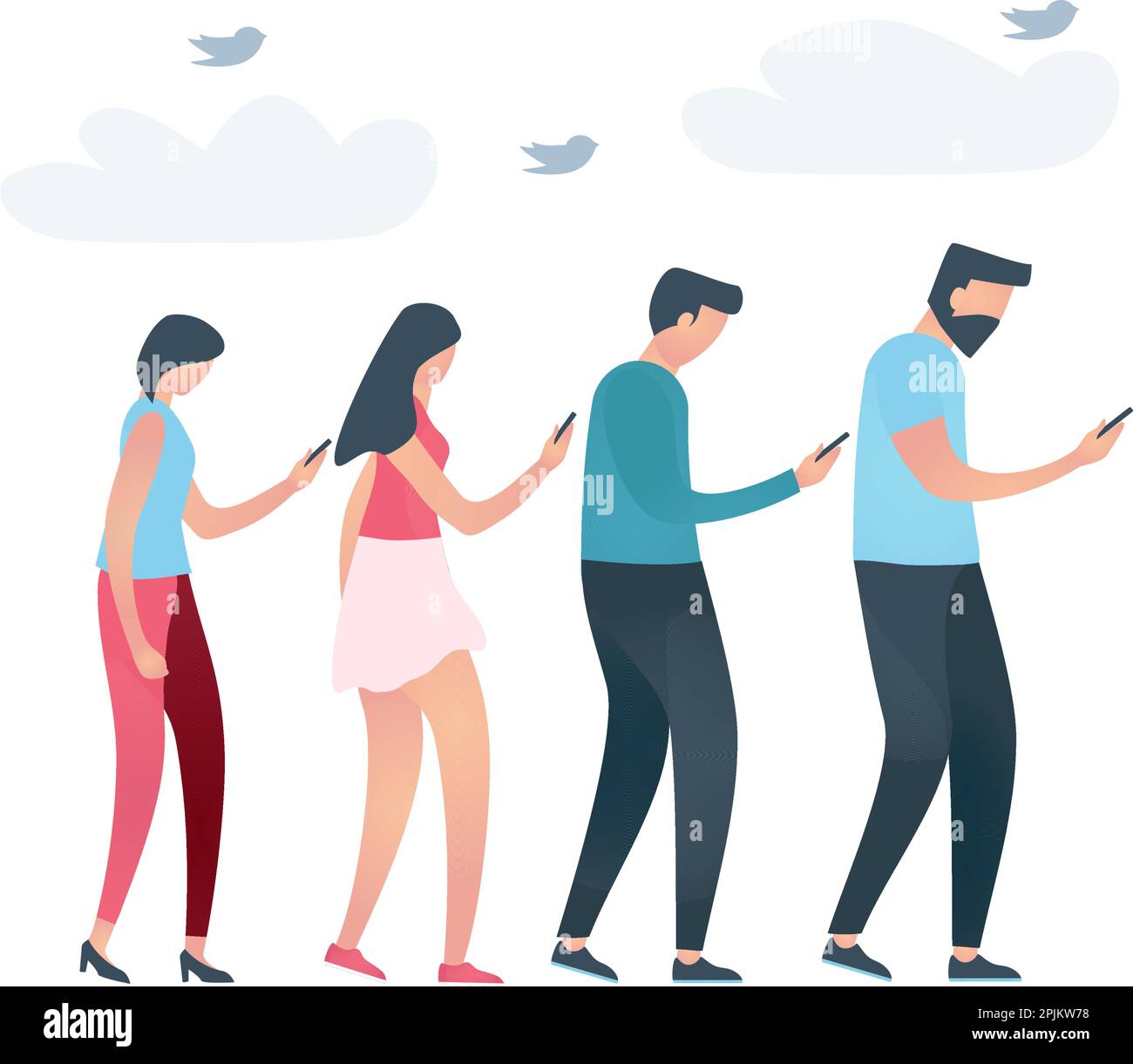 Un gruppo di quattro persone che si susseguono e guardando i telefoni, camminando in una linea. Gli uccelli sono battenti nella stessa direzione. Illustrazione Vettoriale Illustrazione Vettoriale