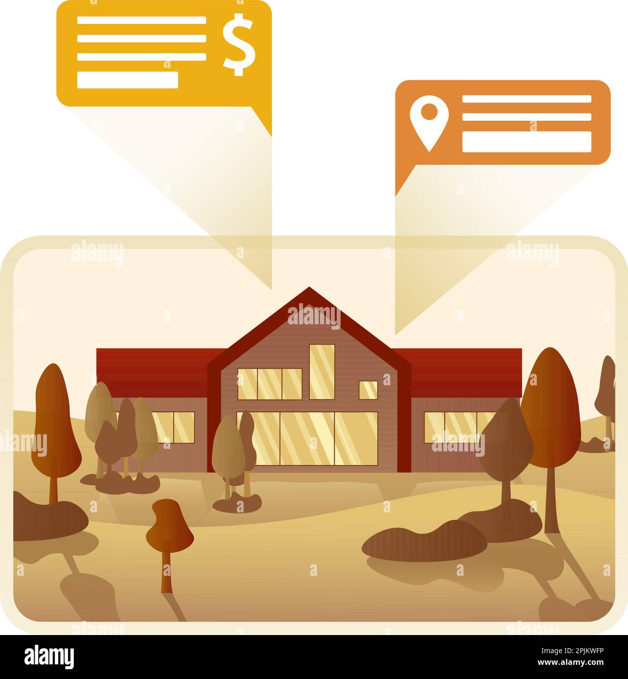 Immobiliare Vendita concetto. Casa suburbana o cottage in piedi nel centro della caduta del paesaggio. Casa in vendita con i messaggi circa il prezzo e la posizione. F Illustrazione Vettoriale