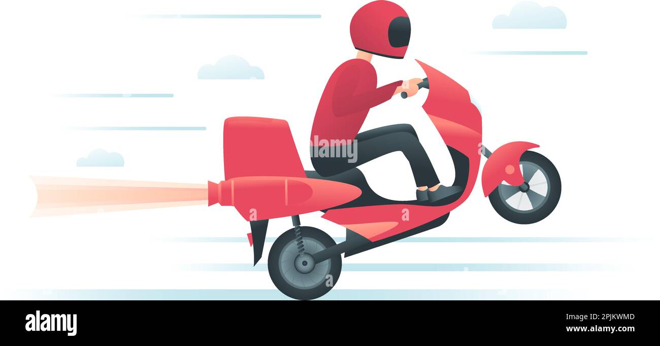 Corriere in rosso di moto con getto del motore a razzo. Servizio di consegna o moto racing concept. Biker rides scooter sulla ruota posteriore. Vector illu Illustrazione Vettoriale