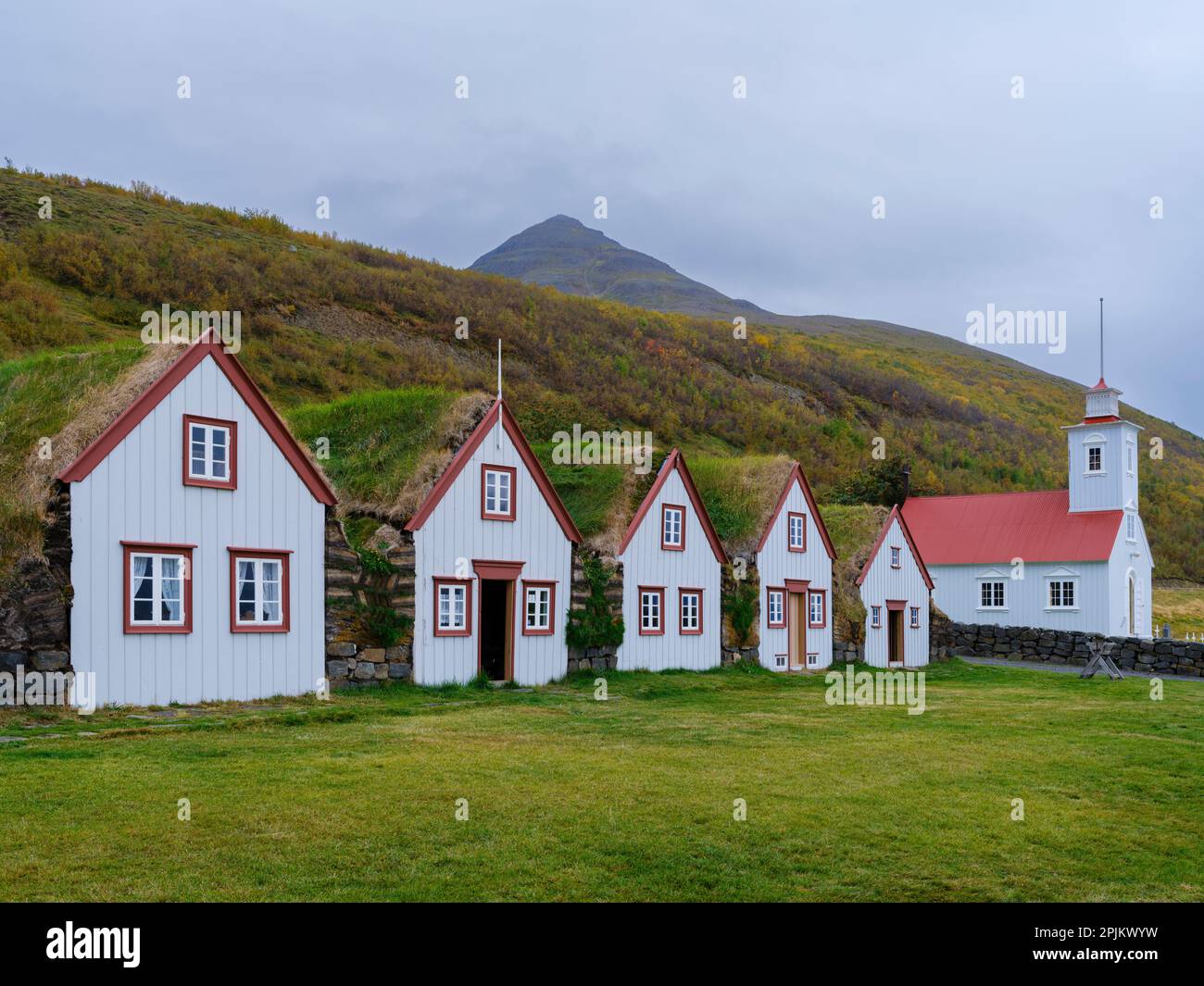 La storica fattoria Laufas vicino Akureyri, ora un museo all'aperto. Europa, Islanda. (Solo per uso editoriale) Foto Stock