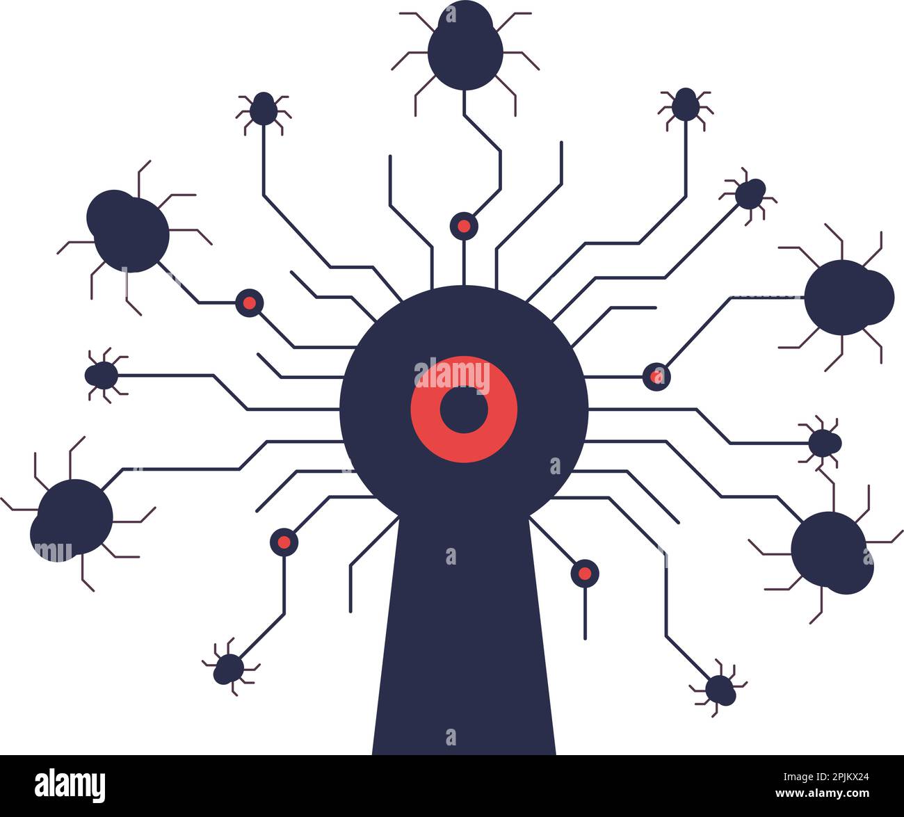 Cyber attacchi da parte di malware. Occhi rossi guarda attraverso il buco della serratura e infetti crawl bug per il software. Non protetti e non sicure del sistema con il software bug o u Illustrazione Vettoriale