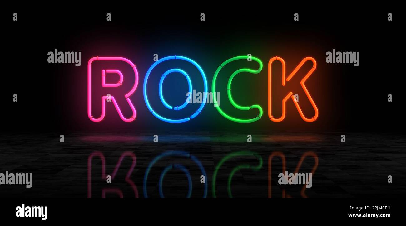 Simbolo del neon rock. Intrattenimento musica eventi lampadine a colori. Illustrazione del concetto astratto 3D. Foto Stock