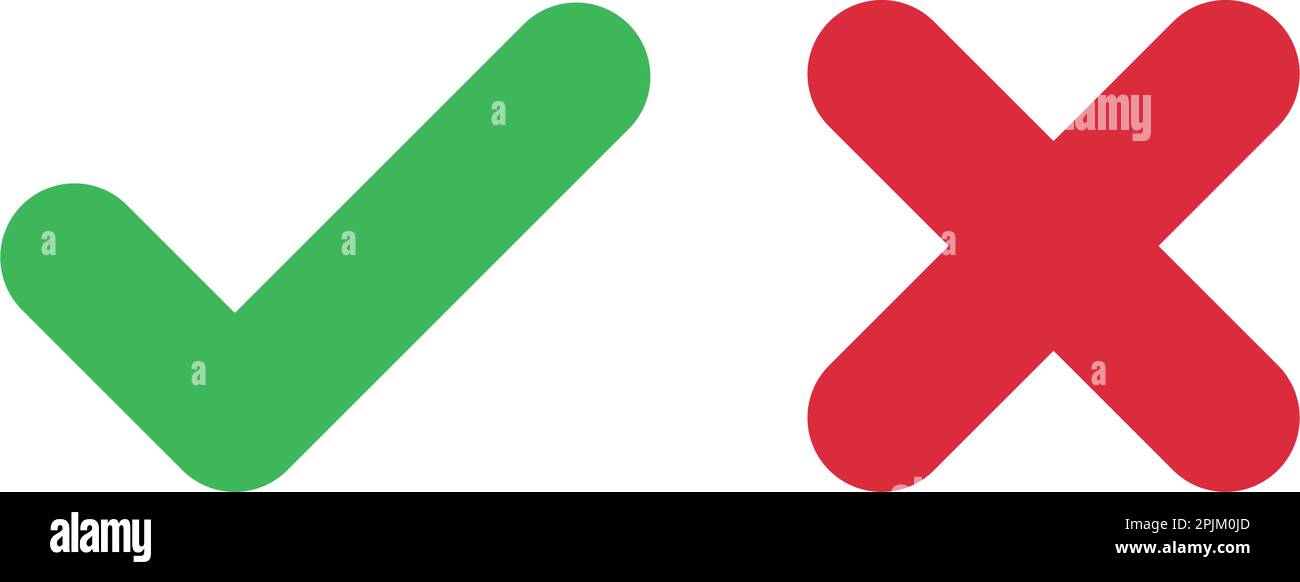 Selezionare le icone del Web. Selezionare i simboli X su sfondo isolato bianco. Segni di spunta di colore verde e rosso. Sì, nessun pulsante Web. Vettore illus Illustrazione Vettoriale