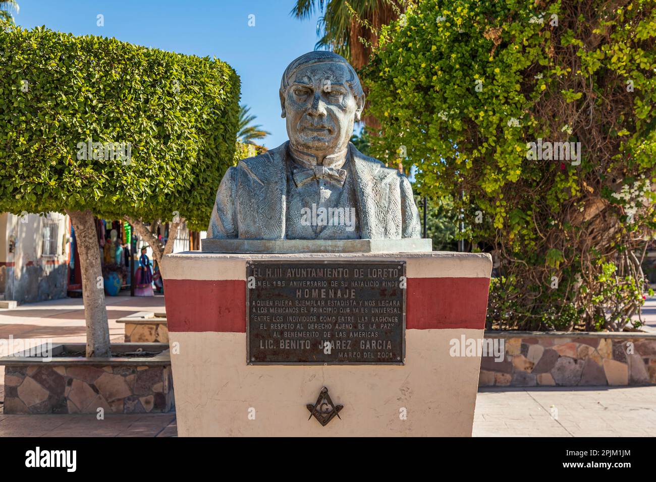 Loreto, Baja California sur, Messico. Monumento a Benito Pablo Juárez García, ex presidente del Messico. (Solo per uso editoriale) Foto Stock