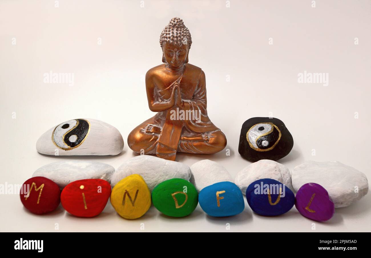 Figura di Buddha color oro con pietre dipinte a mano. Due pietre con segni Yin-Yang in bianco e nero. Gli altri hanno scritto la parola memore su th Foto Stock