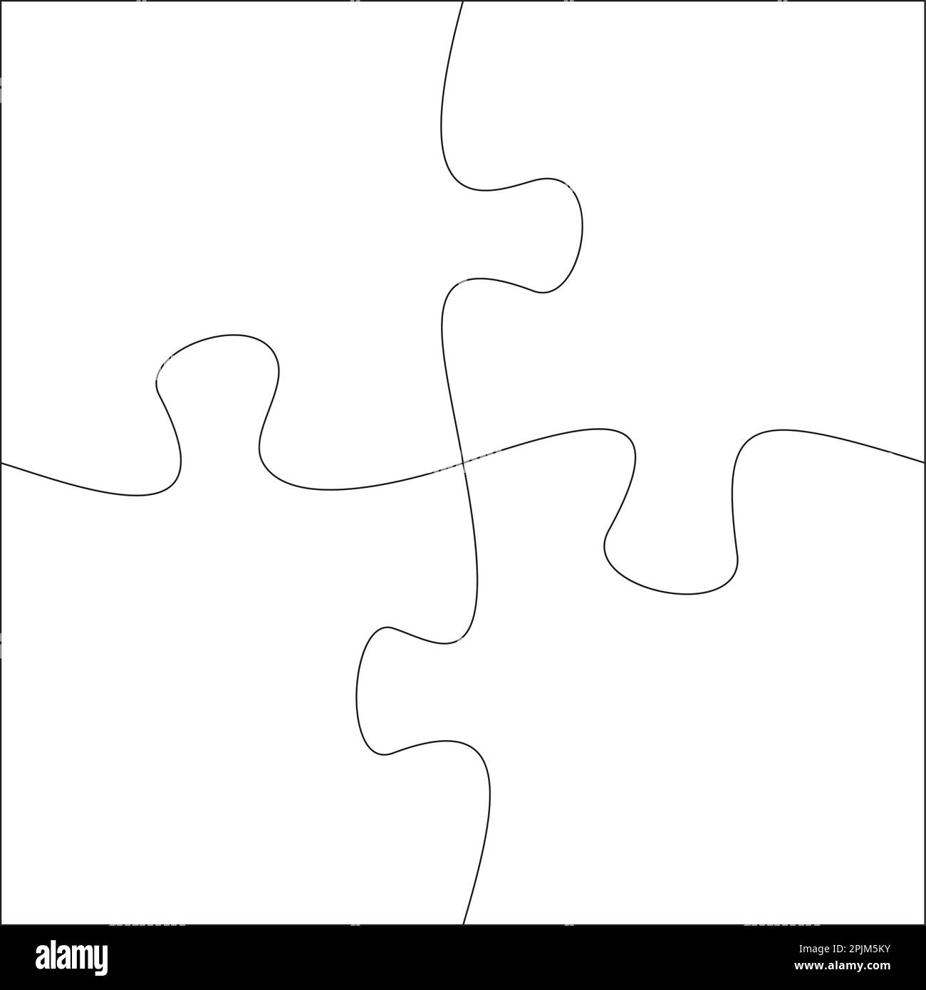 Modello a quattro pezzi per seghetto alternativo. 4 pezzi di puzzle collegati tra loro. Modello di elementi puzzle o puzzle. Illustrazione del vettore piatto Illustrazione Vettoriale