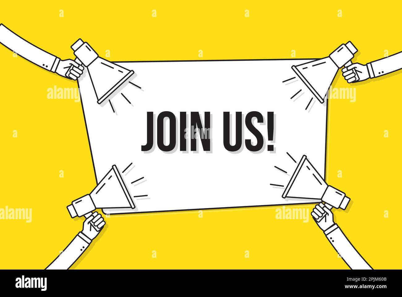 I megafoni con Join us banner. Reclutamento, assunzione di design. Discorso bolla su sfondo giallo. Mano azienda altoparlante. Unisciti al team messag Illustrazione Vettoriale