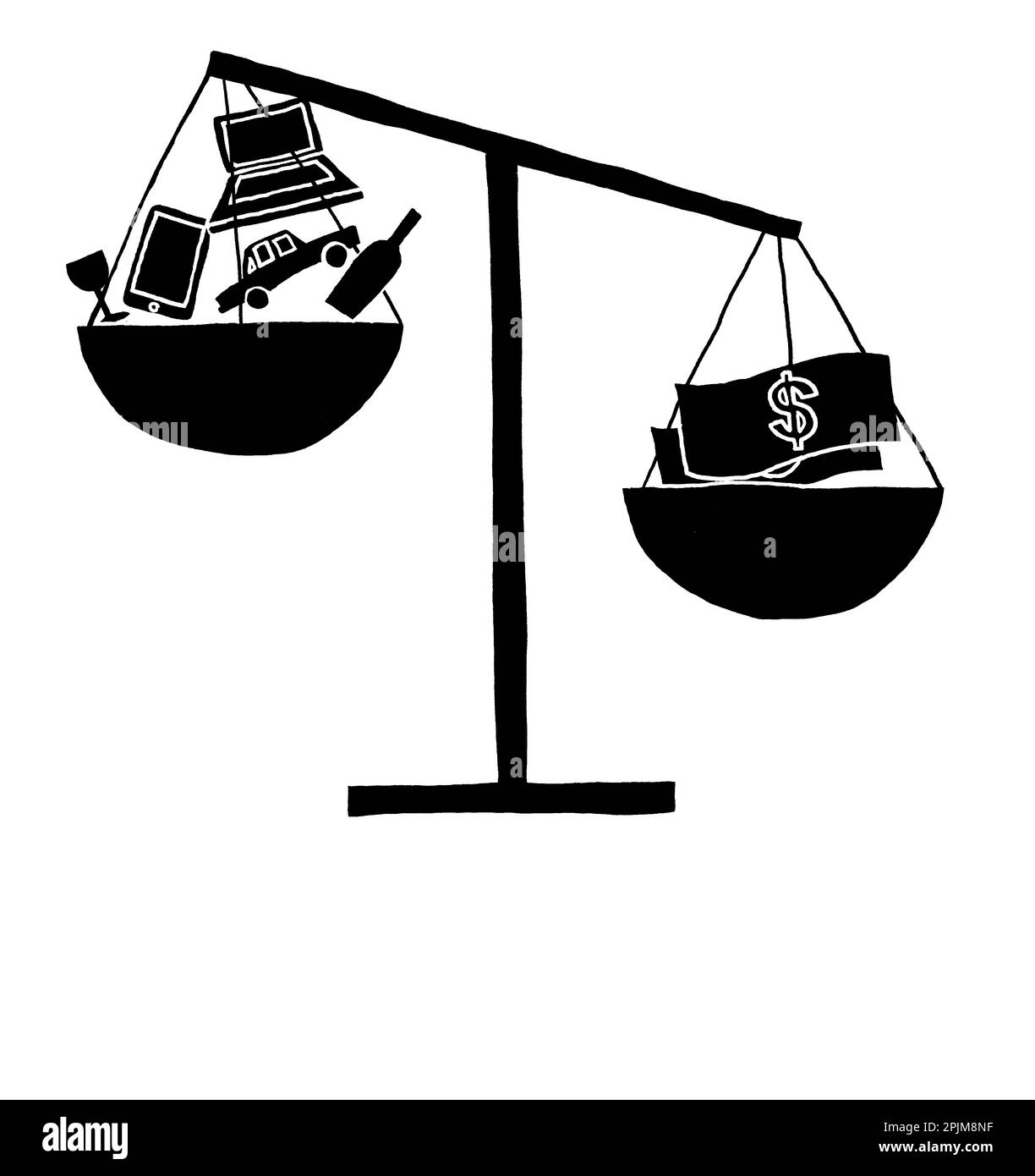 Illustrazione in bianco e nero di una serie di bilance, una delle quali contiene denaro mentre l'altra contiene oggetti di lusso Foto Stock