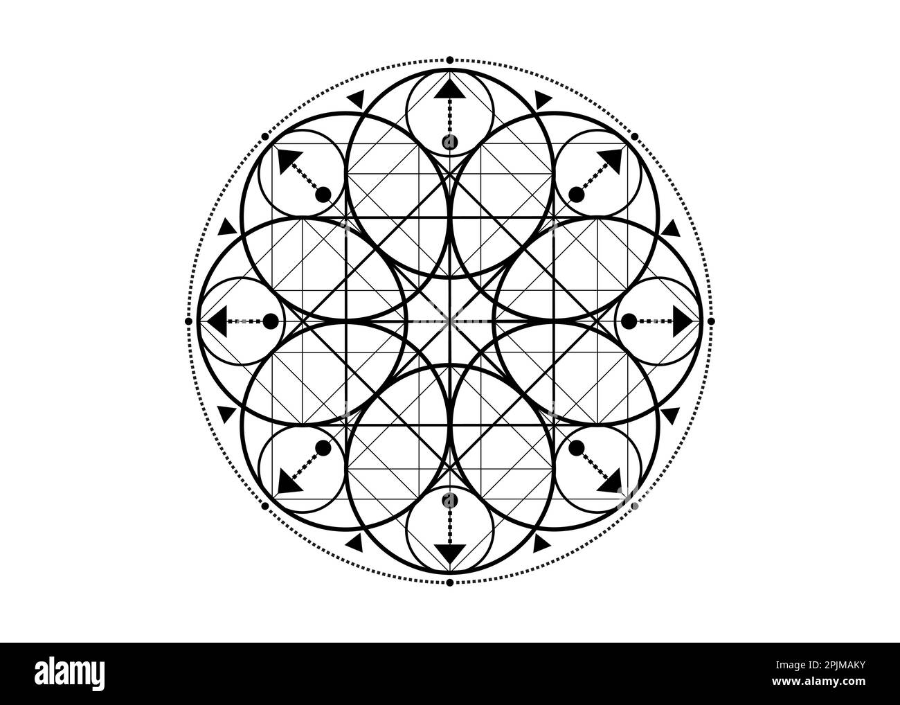 Simbolo della geometria sacra. Logo icona Mistica geometrica mandala di alchimia esoterico Fiore della vita. Frecce mistiche di fortuna, nero vettore tatuaggio divino Illustrazione Vettoriale