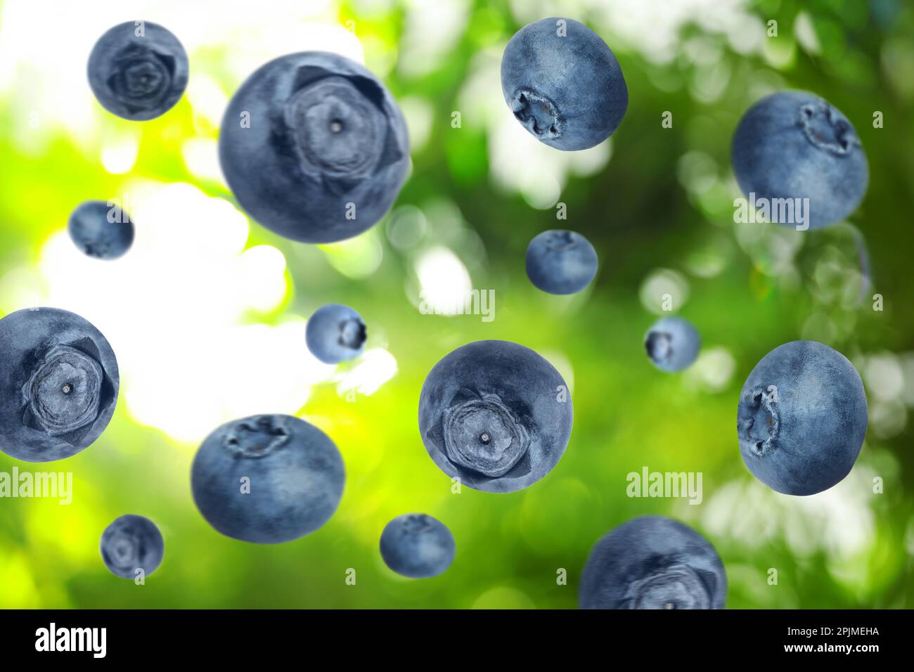 Gustosi mirtilli maturi che volano su sfondo verde sfocato. Effetto bokeh Foto Stock