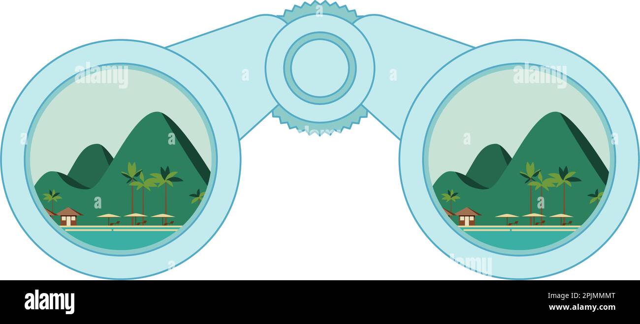 Binoculare con colline, montagne e spiaggia oceanica all'interno. Esplora e avventure simbolo binoculare. Escursioni, backpacking, vagare, esplorare, hitchhikin Illustrazione Vettoriale