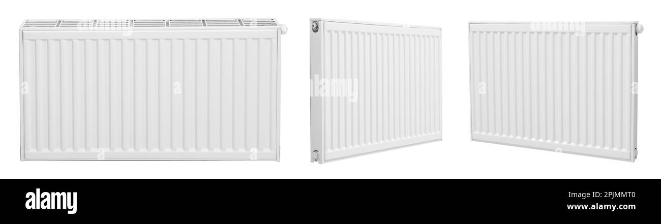 Set con moderni radiatori a pannello su sfondo bianco, design banner. Impianto di riscaldamento Foto Stock