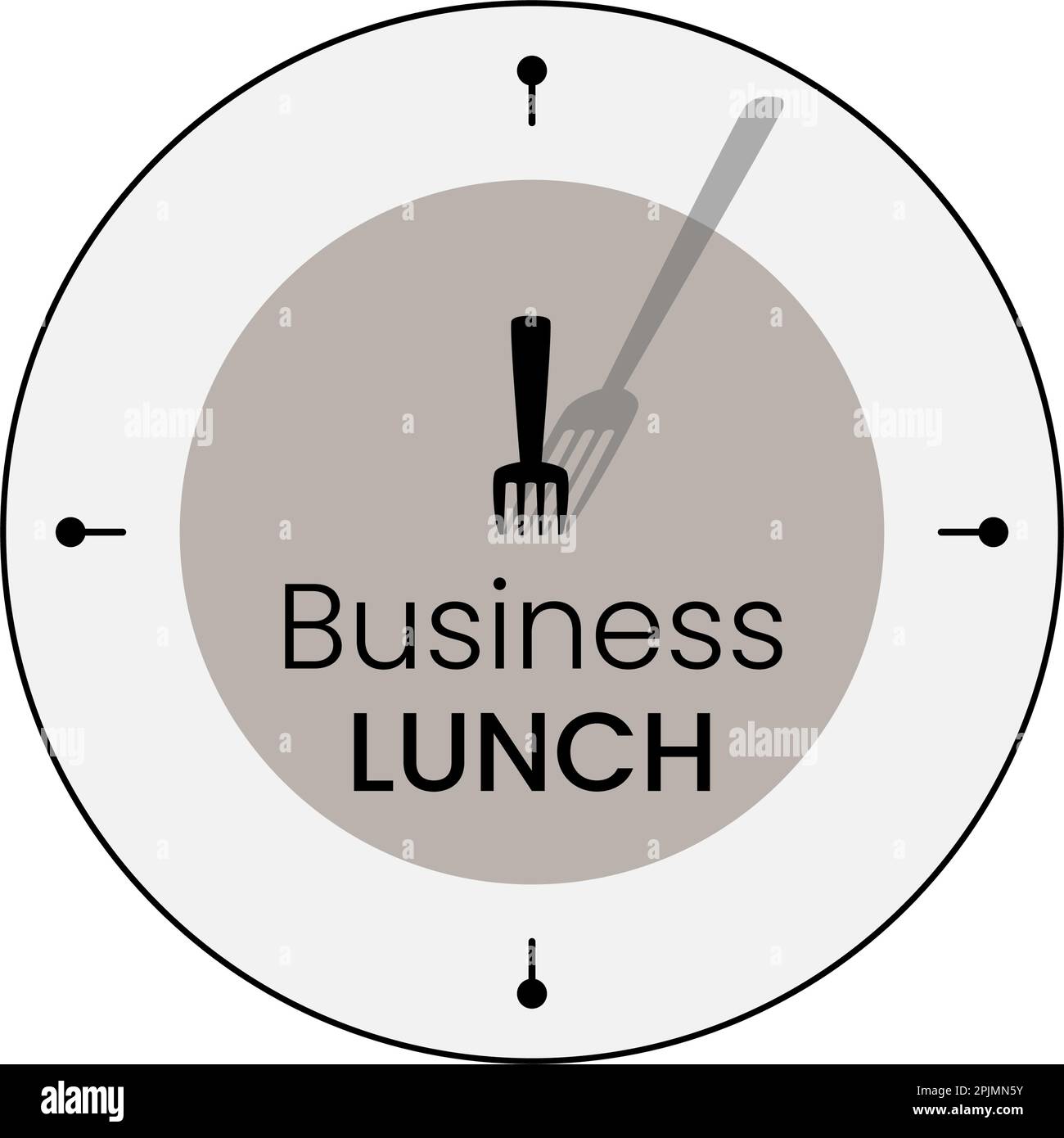 Simbolo del pranzo d'affari con piatto e forchetta ed è ombra come lancette dell'orologio, mostrando il tempo per mangiare. Concetto di pranzo per ufficio business. Concetto tempo pranzo, idea Illustrazione Vettoriale