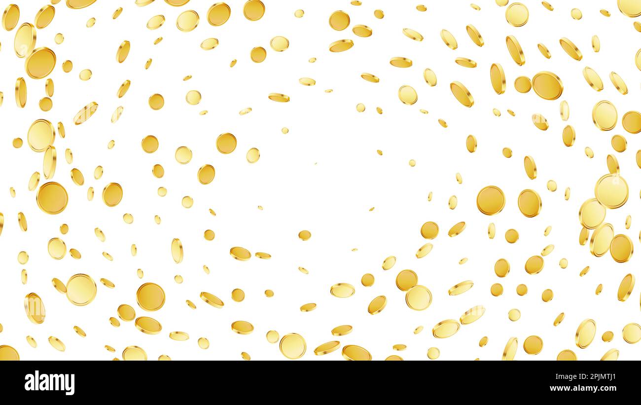 Sfondo monete in rotazione. Jackpot o concetto di vincita del casinò. I contanti volano su sfondo nero isolato. Soldi d'oro che cadono. Jackpot gioco d'azzardo. Vettore i Illustrazione Vettoriale