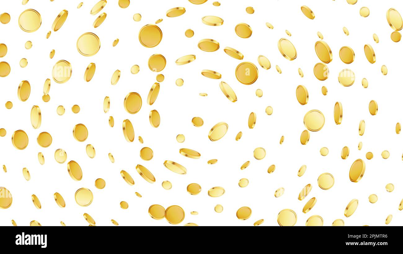 Sfondo monete in rotazione. Jackpot o concetto di vincita del casinò. I contanti volano su sfondo nero isolato. Soldi d'oro che cadono. Jackpot gioco d'azzardo. Vettore i Illustrazione Vettoriale