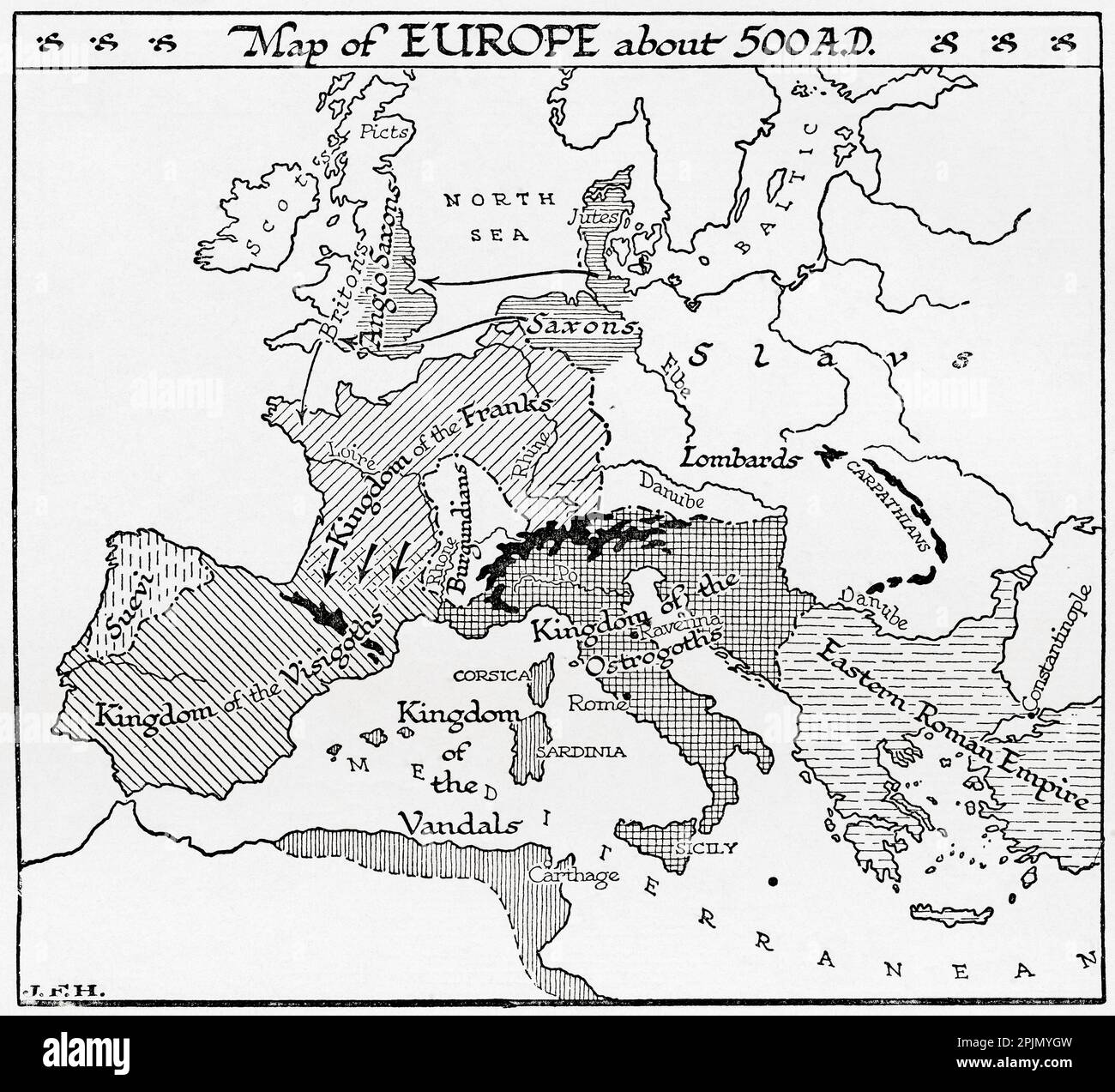 Mappa d'Europa circa 500 d.C. Dal libro Outline of History di H.G. Wells, pubblicato nel 1920. Foto Stock