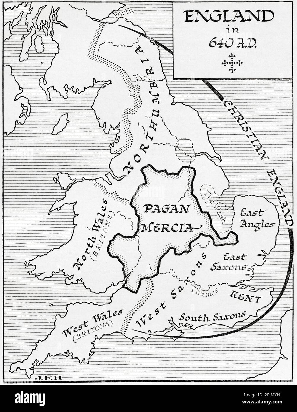 Mappa dell'Inghilterra nel 640 d.C. Dal libro Outline of History di H.G. Wells, pubblicato nel 1920. Foto Stock