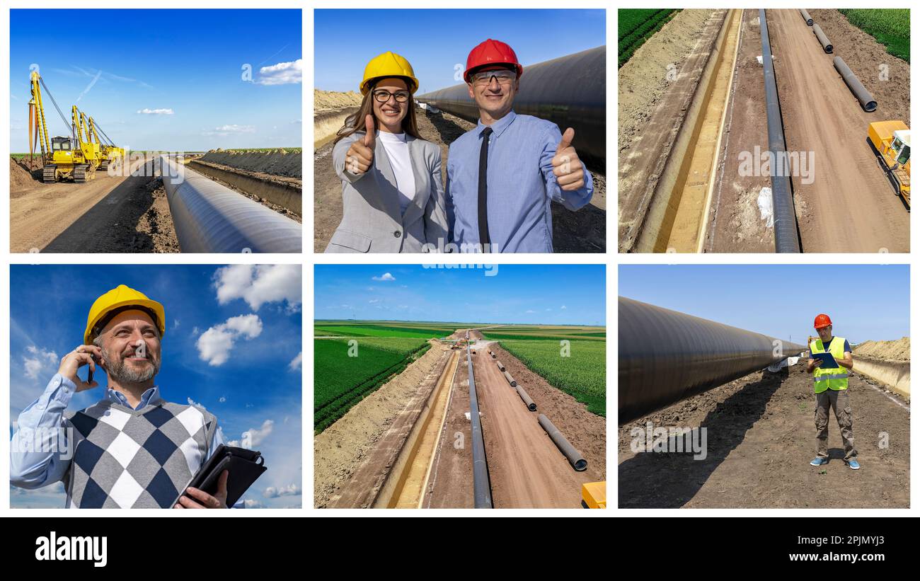 Responsabile della costruzione che verifica i progressi nel sito di costruzione della pipeline. Punto di vista del drone aereo del cantiere di costruzione di condutture. Infrastrutture energetiche Foto Stock