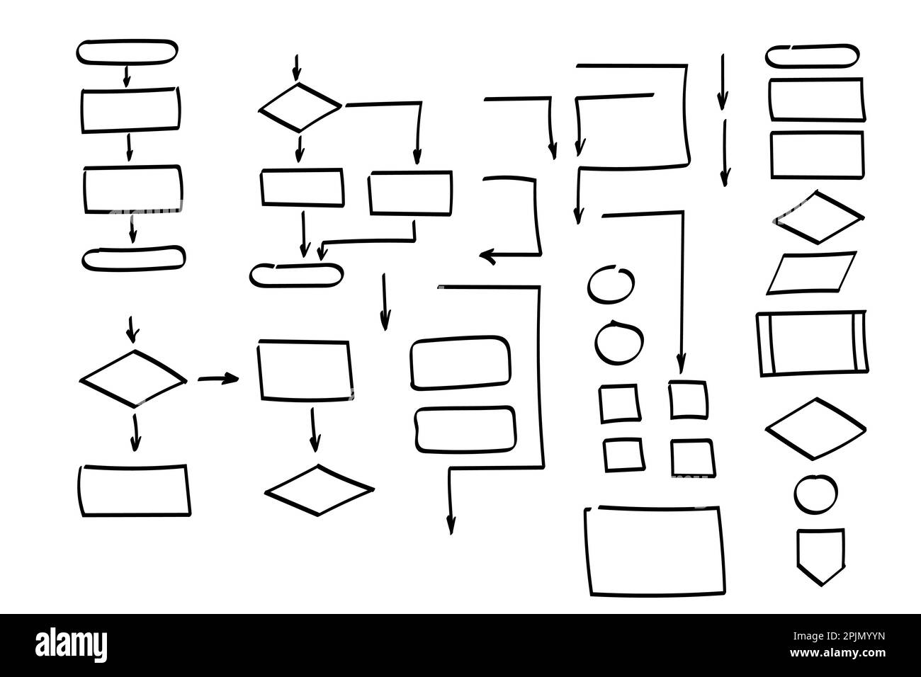 Forme del diagramma di flusso di Doodle. Programmazione, forme algoritmo. Vettore delle frecce di inchiostro. Simboli Doodle. Icone del puntatore. Simboli grafici del puntatore. Illustrazione vettoriale Illustrazione Vettoriale
