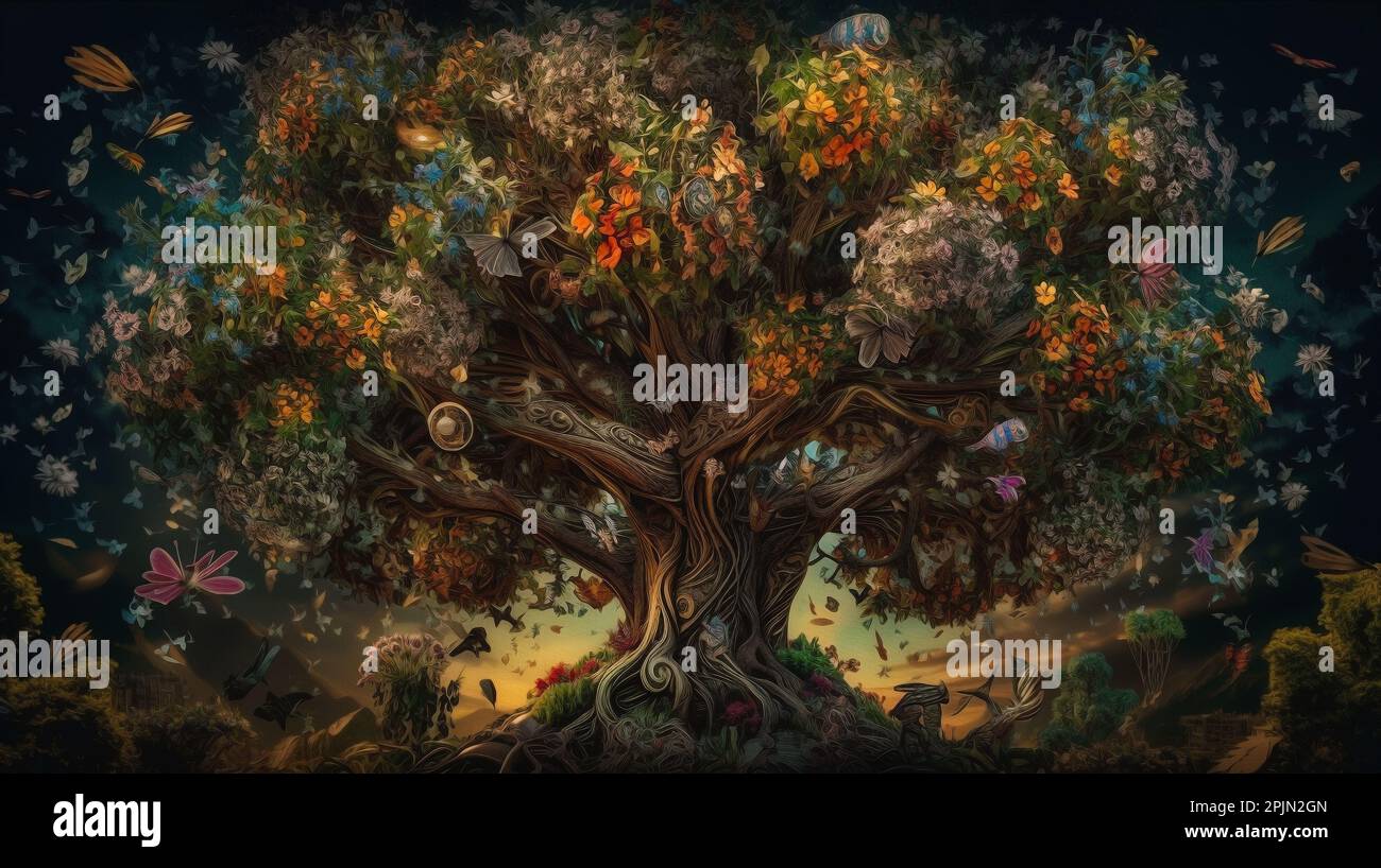 3D Illustrazione ispirata all'albero della vita dalle culture celtiche e  norrene, raffigurata in un paesaggio fantasy Foto stock - Alamy