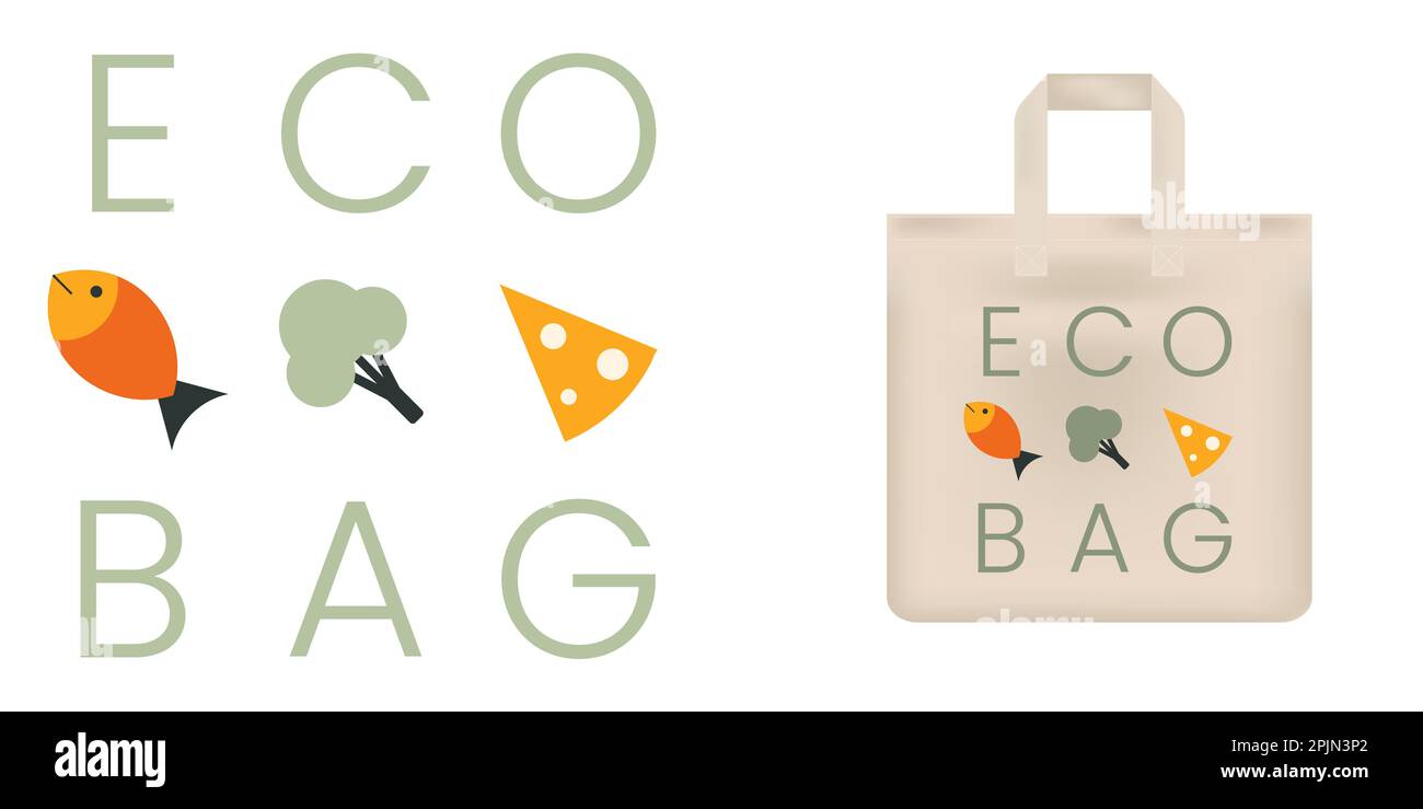 Stampa eco-bag con tipografia e icone alimentari come pesce, broccoli, formaggio, vegetariano. Stampa geometrica sulla borsa tote. Cibo vegetariano. Rapporto di illustrazione del vettore Illustrazione Vettoriale