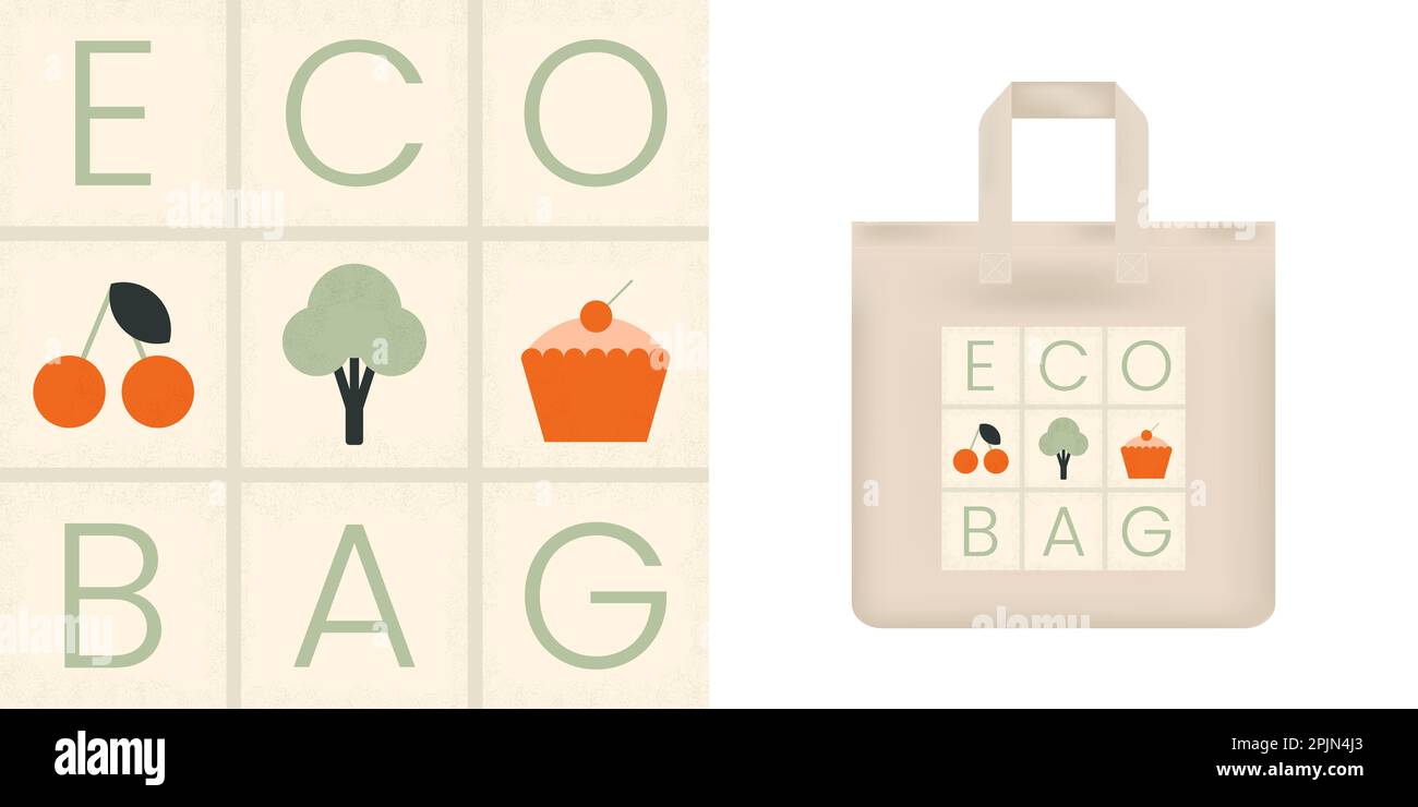 Stampa eco-bag con tipografia e icone alimentari come ciliegia, broccoli, cupcake. Stampa geometrica sulla borsa tote. Cibo vegetariano. Illustrazione vettoriale Illustrazione Vettoriale