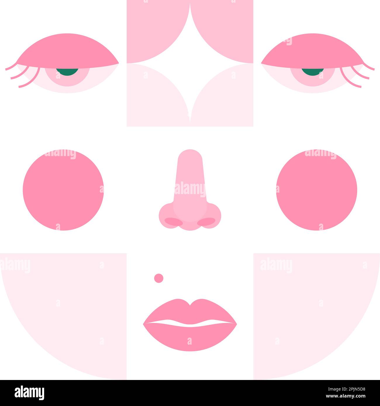 Face.Girl Face geometrico femminile con naso, labbra piercing. Illustrazione neo Geo Style. Modello moderno con occhio, naso e labbra. Illustrazione vettoriale Illustrazione Vettoriale