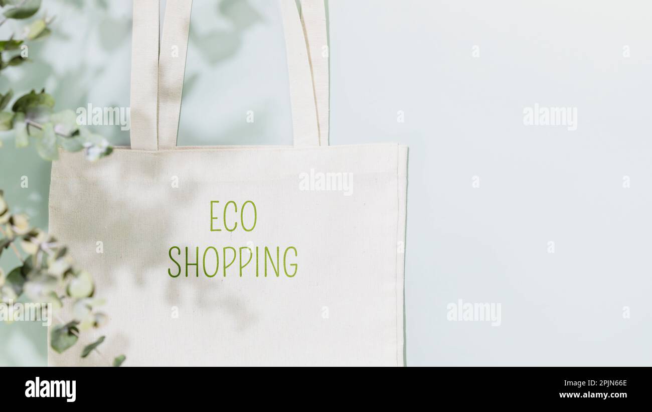 Concetto di shopping, acquisto o vendita sostenibile. Eco friendly vita morta con borsa in tessuto bianco con testo Eco shopping su sfondo blu con Foto Stock