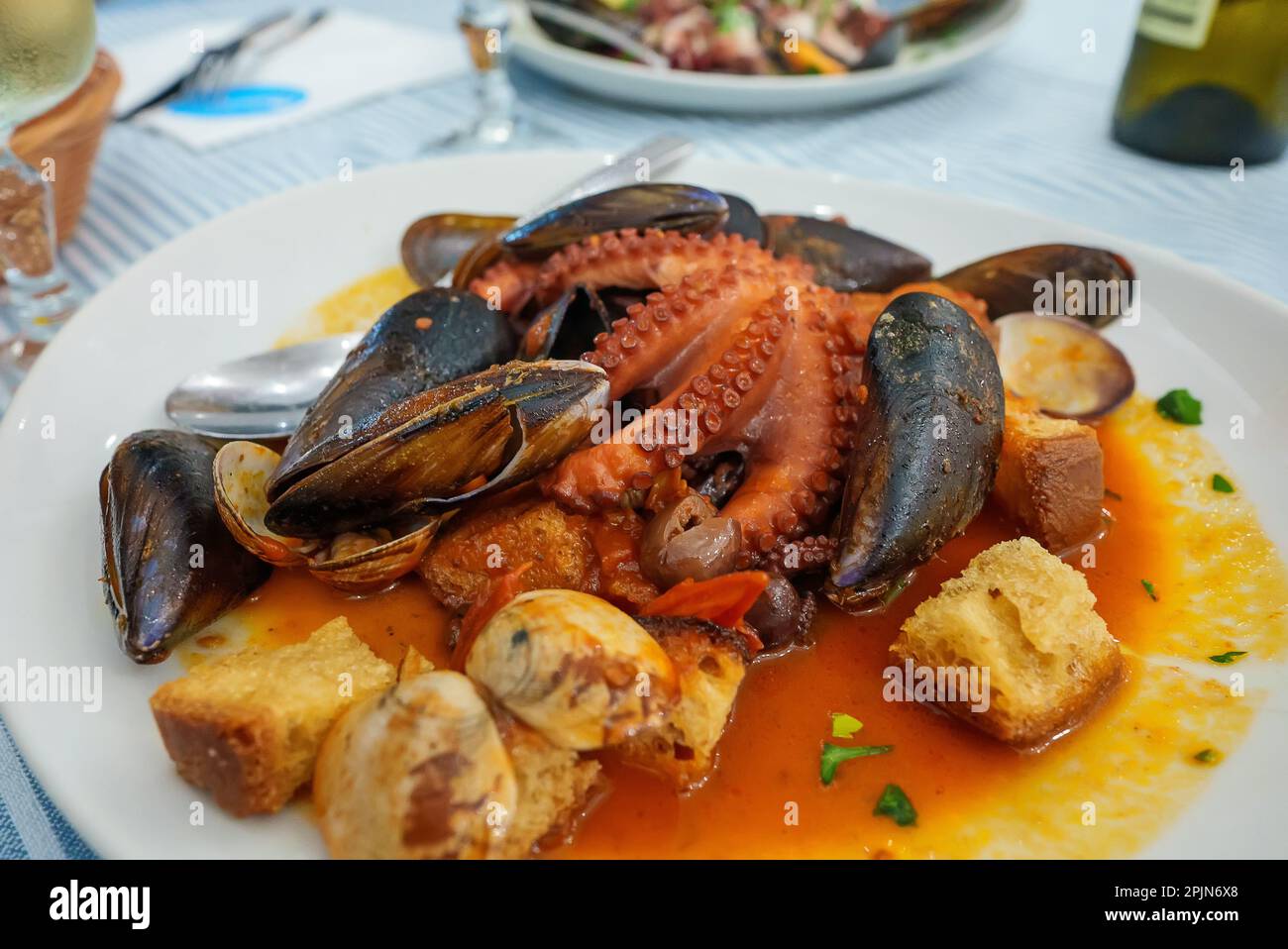 Stufato in salsa di pomodoro Octopus con frutti di mare e crostini. Foto Stock