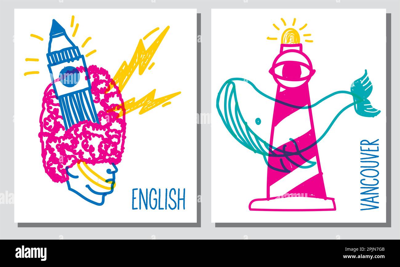 doodle illustrazione balena e faro e guardia del palazzo bukingen Illustrazione Vettoriale