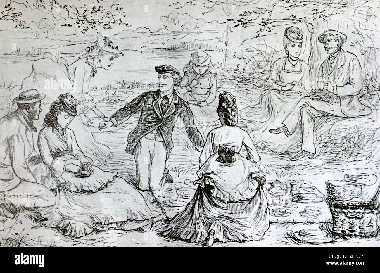 Il picnic, illustrazione di una penna e inchiostro del libro Kate Greenaway di M.H. Spielmann e G.S. Layard. Pubblicato da Adam e Charles, 1905. Foto Stock
