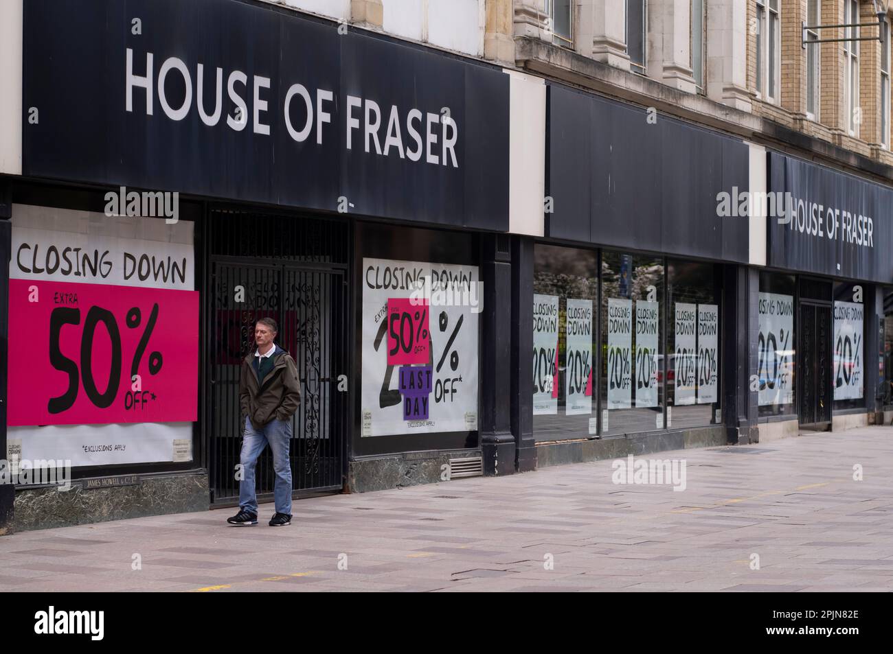 Il negozio House of Fraser che ha chiuso dopo 158 anni a Cardiff, Galles, Regno Unito. Foto Stock