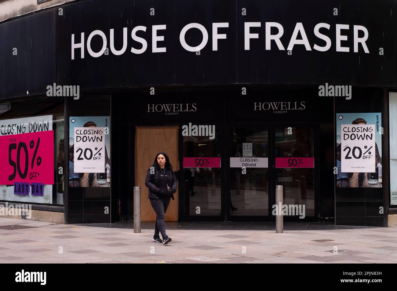 Il negozio House of Fraser che ha chiuso dopo 158 anni a Cardiff, Galles, Regno Unito. Foto Stock