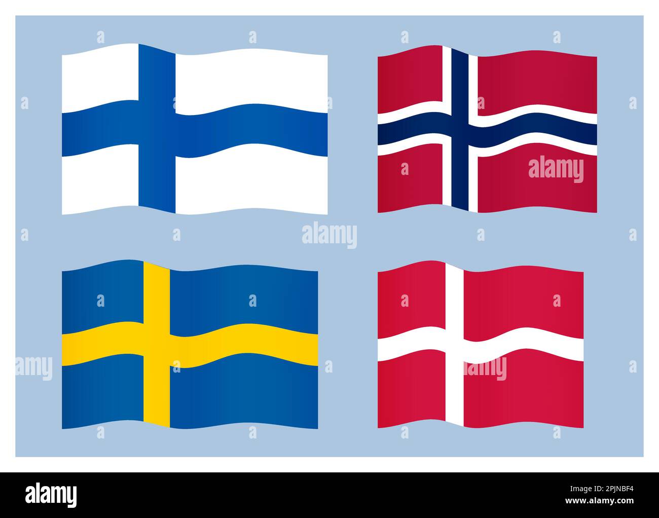 Serie di bandiere scandinave, dei paesi del nord. Svezia, Norvegia, Danimarca, Finlandia o svezia, danimarca, bandiera nazionale norvegese, finlandese. Illustrazione vettoriale Illustrazione Vettoriale