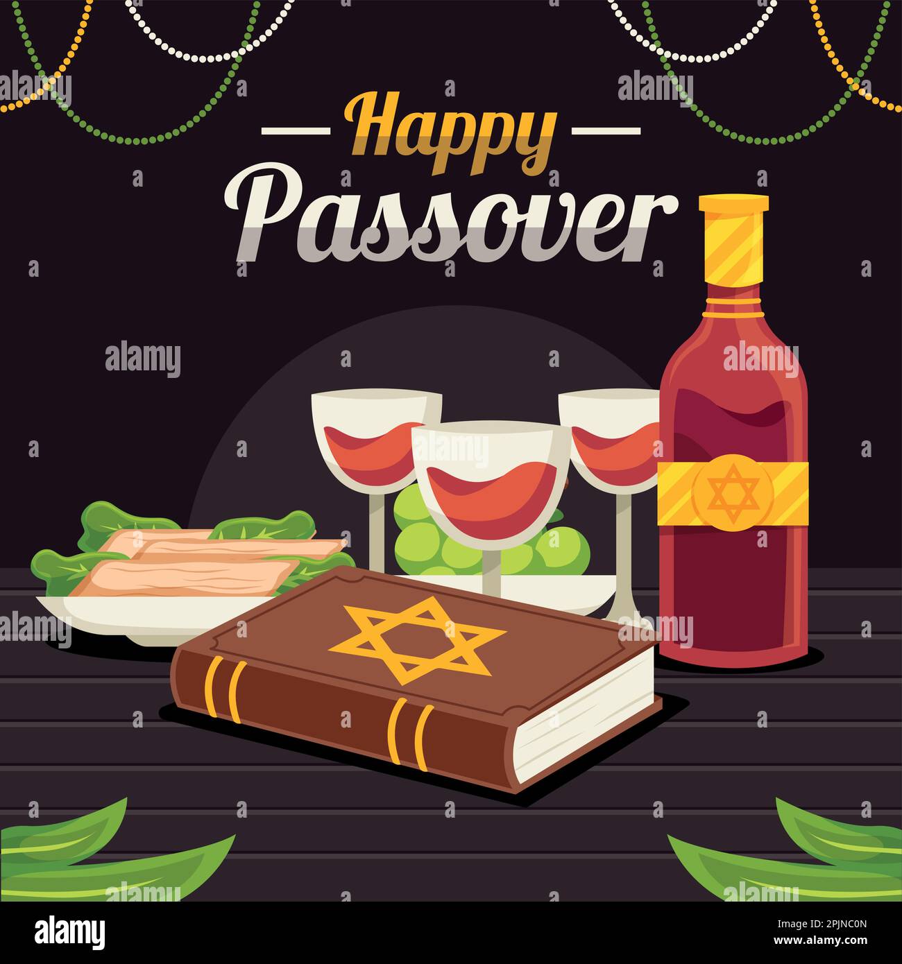 Pasqua per le festività ebraiche, Seder Pesach, biglietto d'auguri con icone tradizionali. Matzo, fiori e foglie, simboli e icone della Pasqua. Felice Pasqua Illustrazione Vettoriale