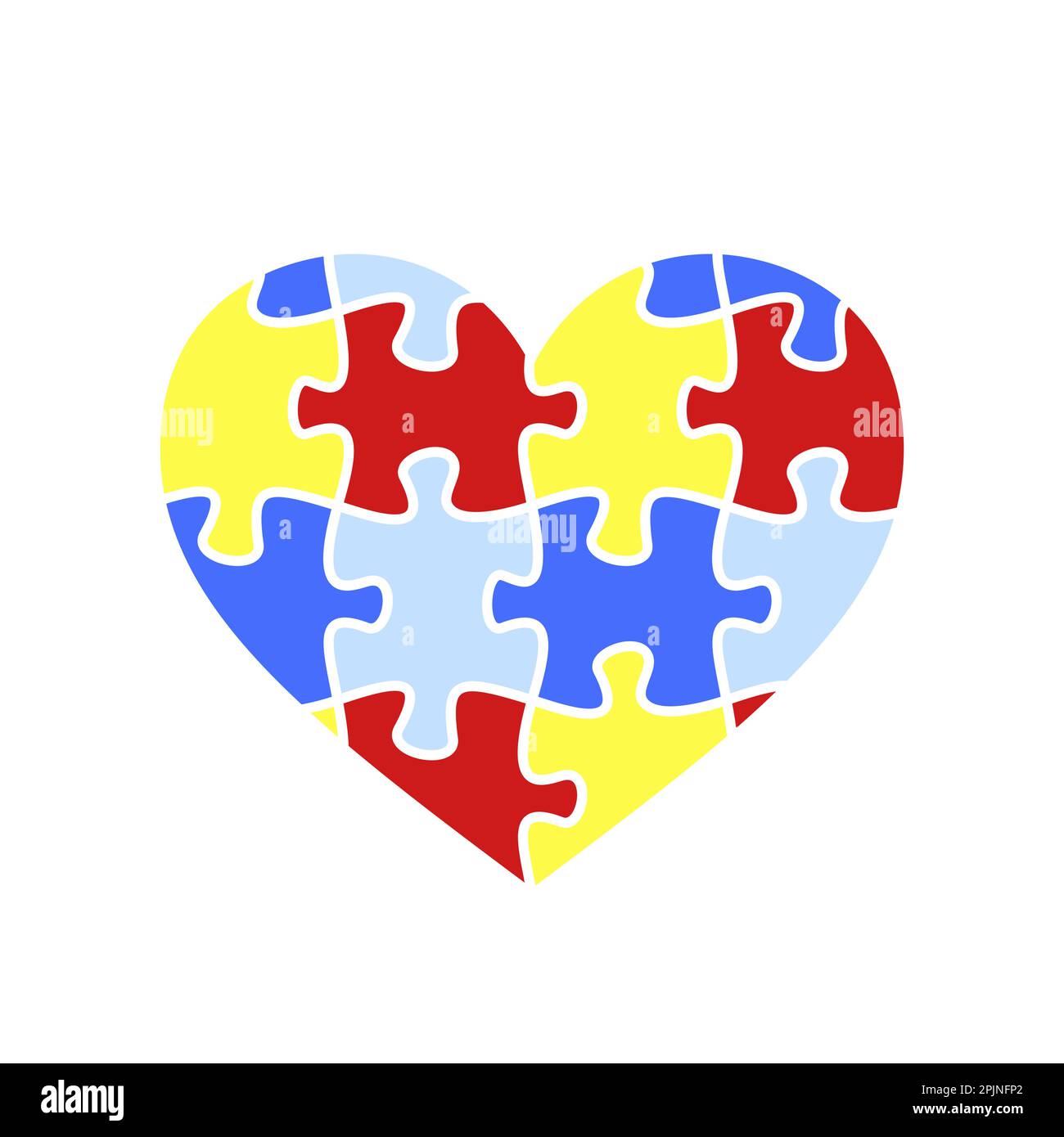 Simbolo del mese di consapevolezza dell'autismo. Puzzle colorato cuore. Icona consapevolezza autismo bambino. Icona a forma di cuore del puzzle. Simbolo del seghetto alternativo. Giallo, rosso, blu, colori. V Illustrazione Vettoriale