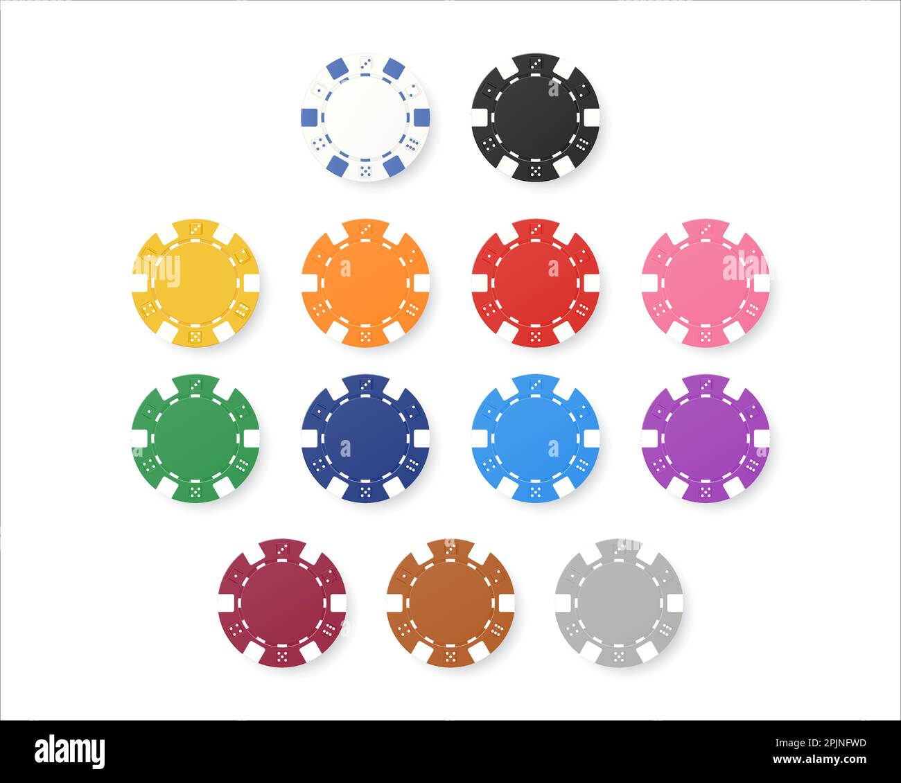 Poker chip sfondo isolato. Colori verde, blu, rosso, giallo, bianco e nero. Grande insieme di gioco d'azzardo come dadi di poker, roulette chip. Bianco, bl Illustrazione Vettoriale