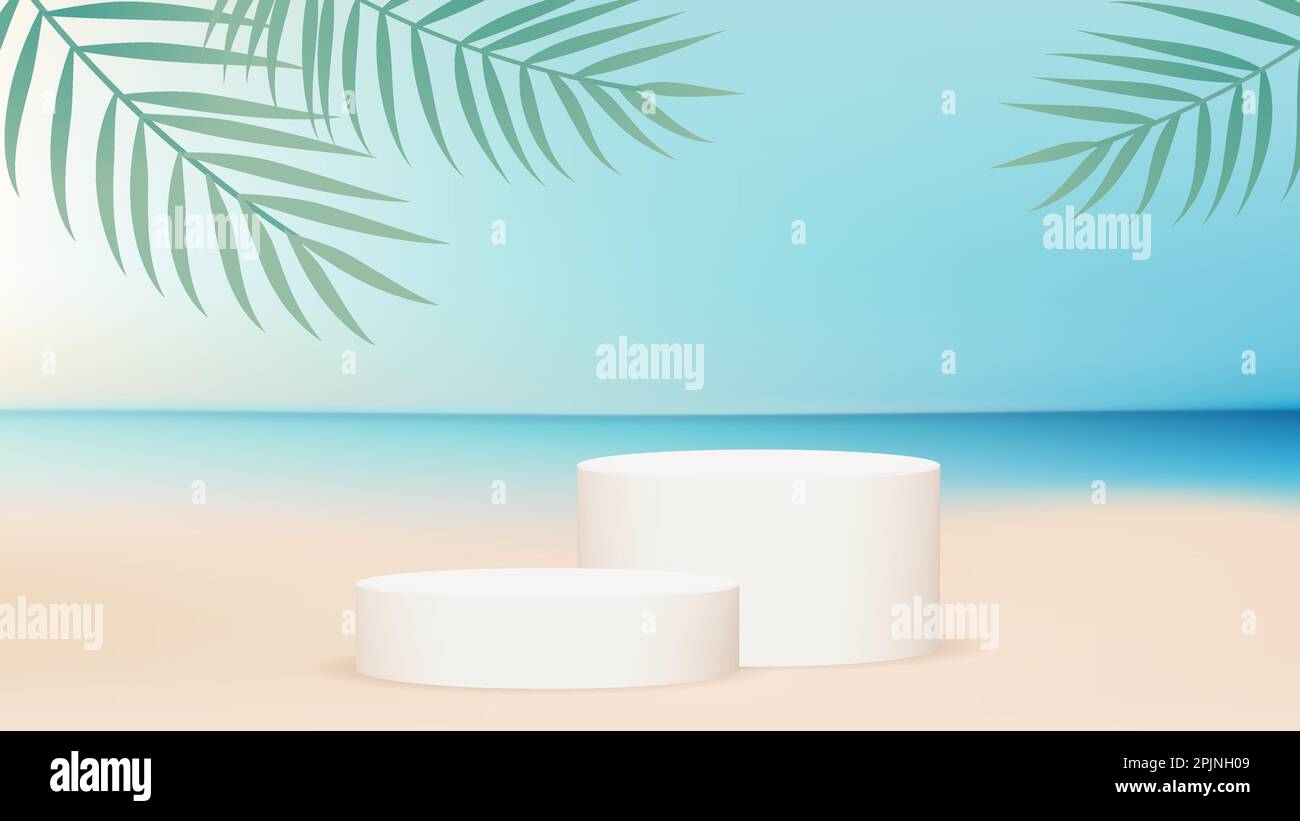 Due piattaforme a cilindro o piedistallo su sfondo oceanico. Foglie di palma tropicali sulla parte anteriore. Applicabile per banner vacanze estive prodotti naturali. Thr Illustrazione Vettoriale