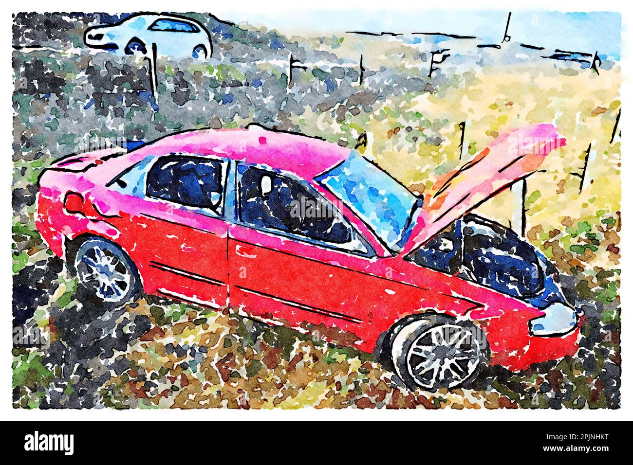 Incidente automobilistico in campagna che mostra danni ai finestrini e alla carrozzeria Foto Stock