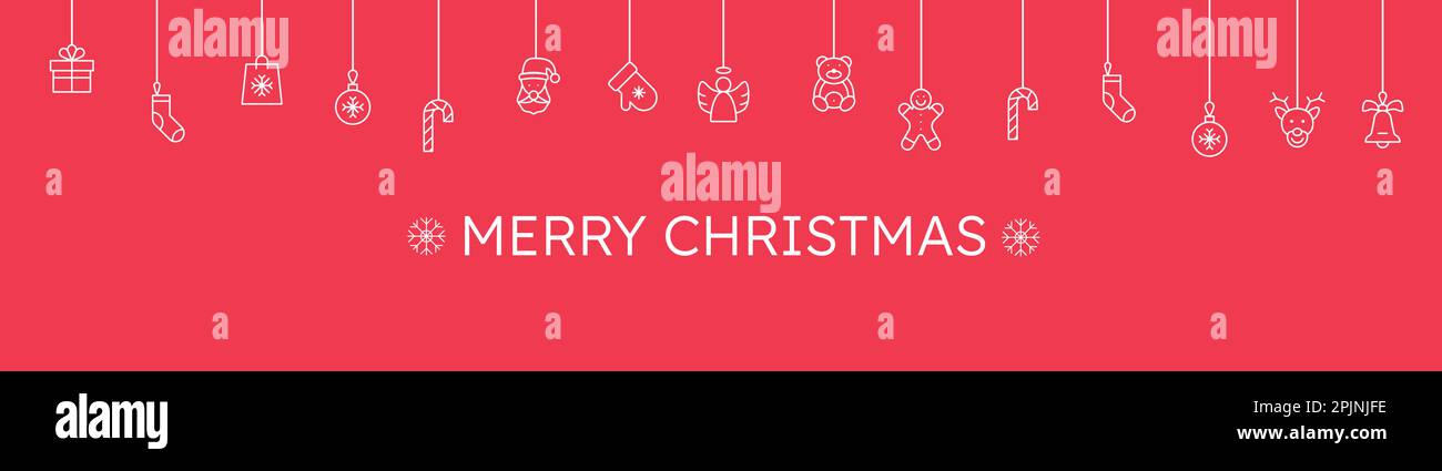 Banner rosso di natale. Banner natalizio con appesi giocattoli natalizi come canna di caramella, calzino, palla, guanto, campana. Illustrazione vettoriale. Illustrazione Vettoriale