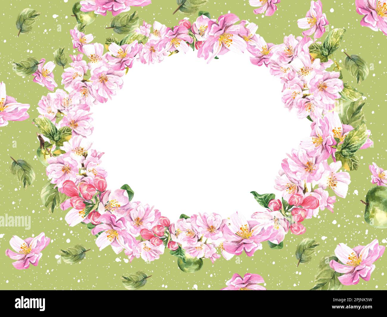 Composizione ovale di un albero di mela fiorito su sfondo verde. Illustrazione di acquerello brillante e succoso Foto Stock