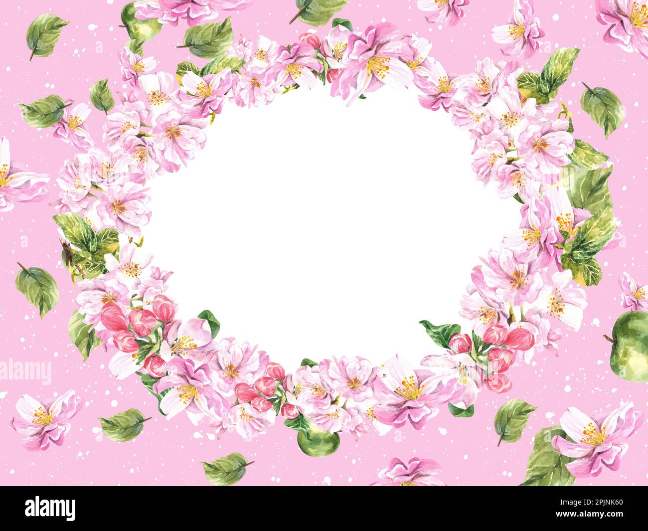 Composizione ovale di un albero di mela fiorito su sfondo rosa. Illustrazione di acquerello brillante e succoso Foto Stock